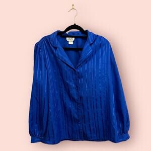 Vintage 1980s Jani Originals Long Sleeved Blue Striped Button Down Blouse 14